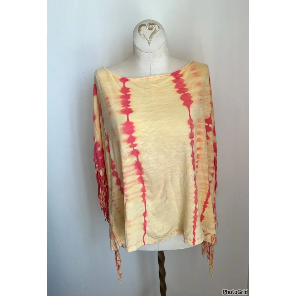 Free People Movement Yellow Orange Fringe Poncho Top Small Festival Boho tie dye